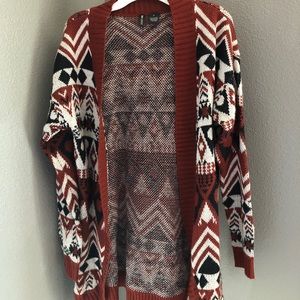 dark orange, patterned, semi-long cardigan
